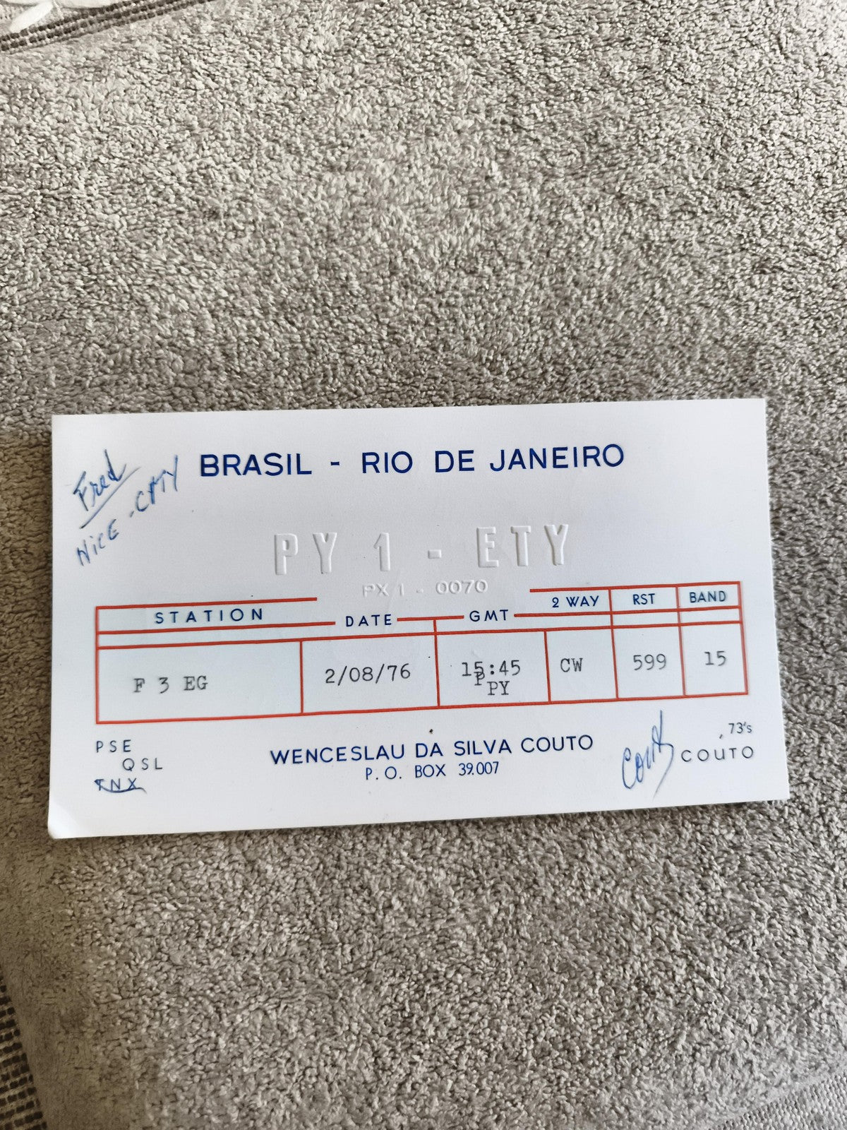 Carte QSL radio ancienne PY1-ETY Brésil 1976 Rio de Janeiro radioamateur