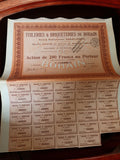 Action au porteur 250 Francs Tuileries Briqueteries Bohain vintage années 1920