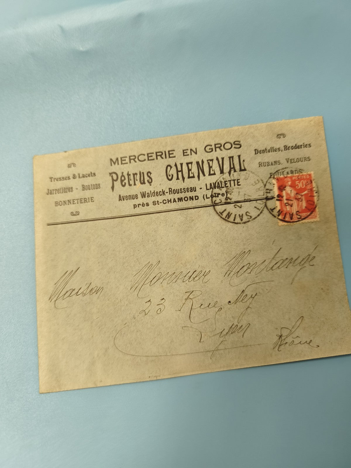 Ancienne enveloppe oblitérée début XXe philatélie Lyon mercerie Cheneval
