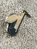 Pin's vintage saxophone bleu noir doré émaillé, broche musique (Ref 9)