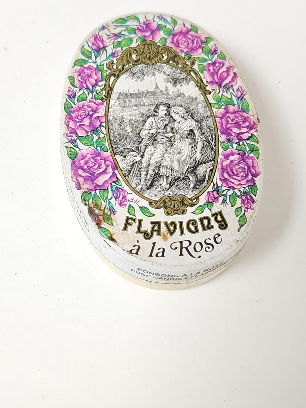 Ancienne boîte publicitaire Flavigny à la rose vintage rétro déco collection Fra