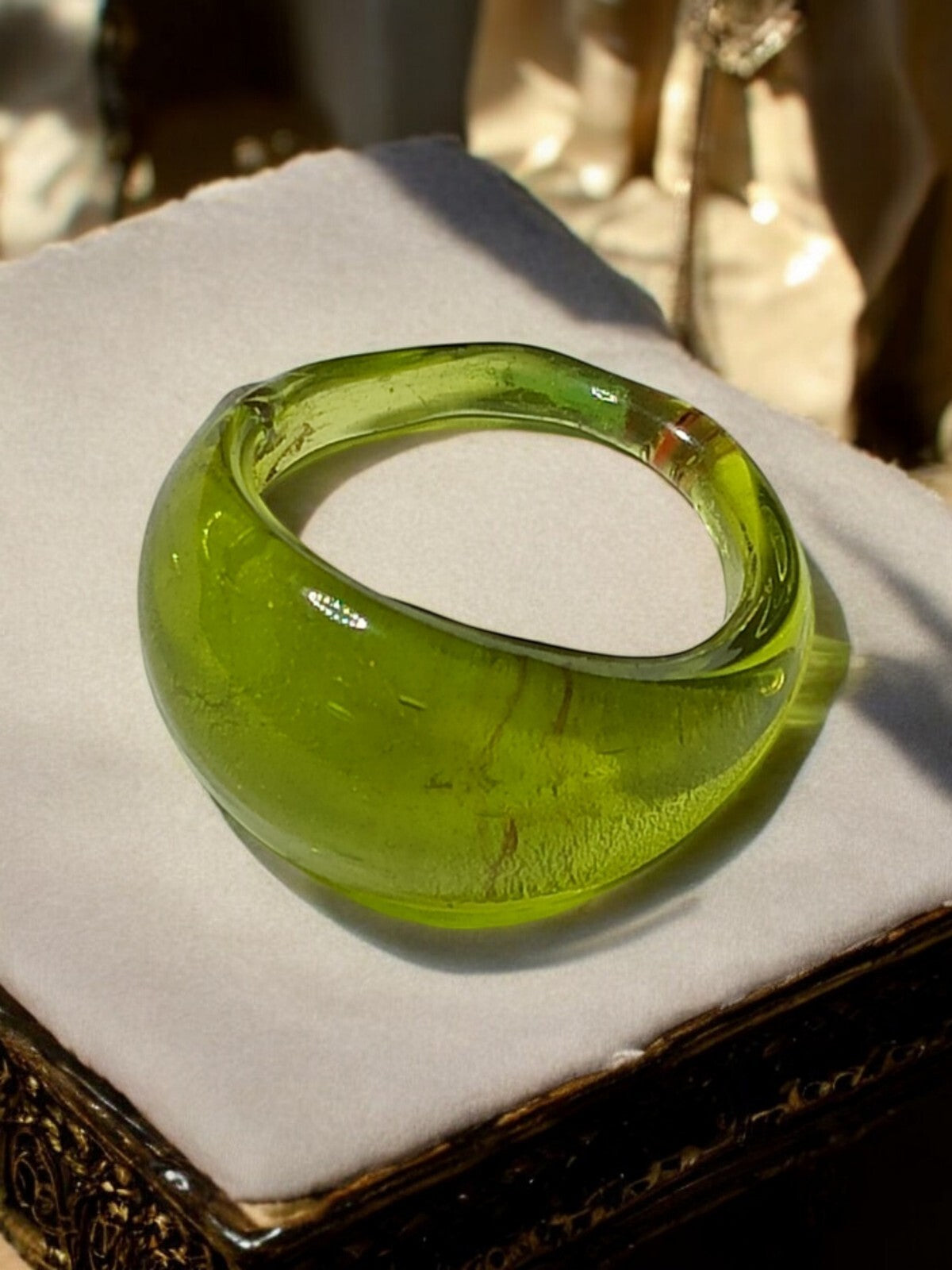 Bague vintage verre vert style Murano anneau large taille 58 rétro