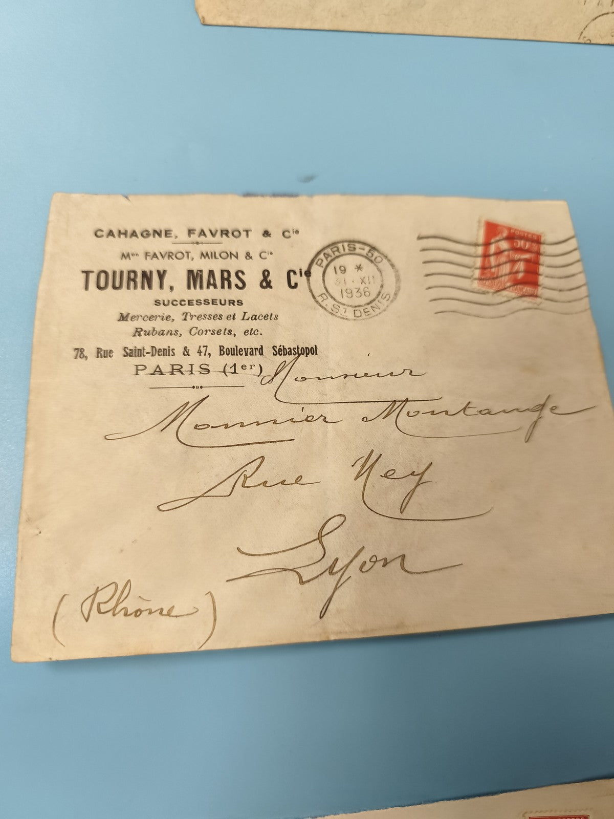 Ancienne enveloppe oblitérée 1936 Paris Lyon philatélie vintage déco (Ref 6)