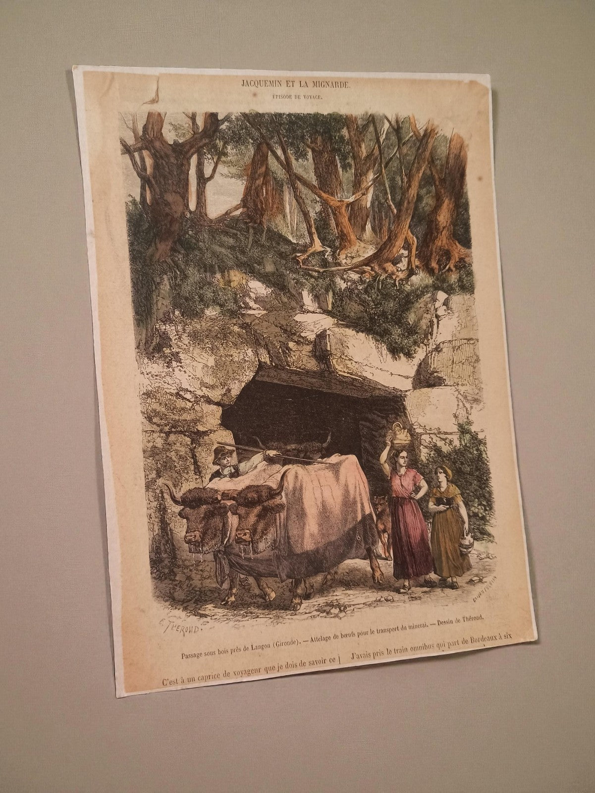 Gravure ancienne XIXe Jacquemin et la Migvarde scène rurale couleur