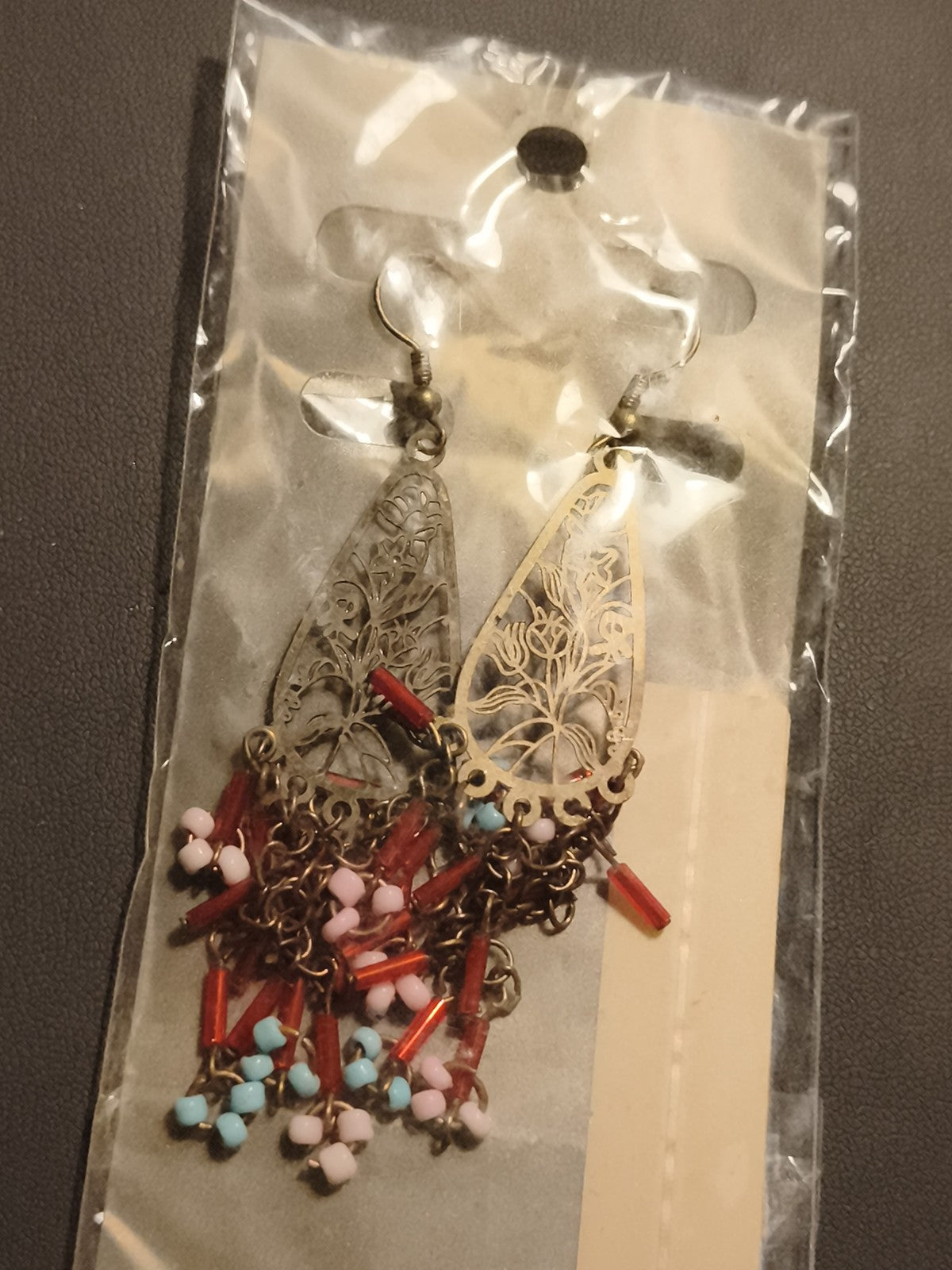 Boucles d'oreilles vintage pendantes arbre filigrané perles deadstock rétro