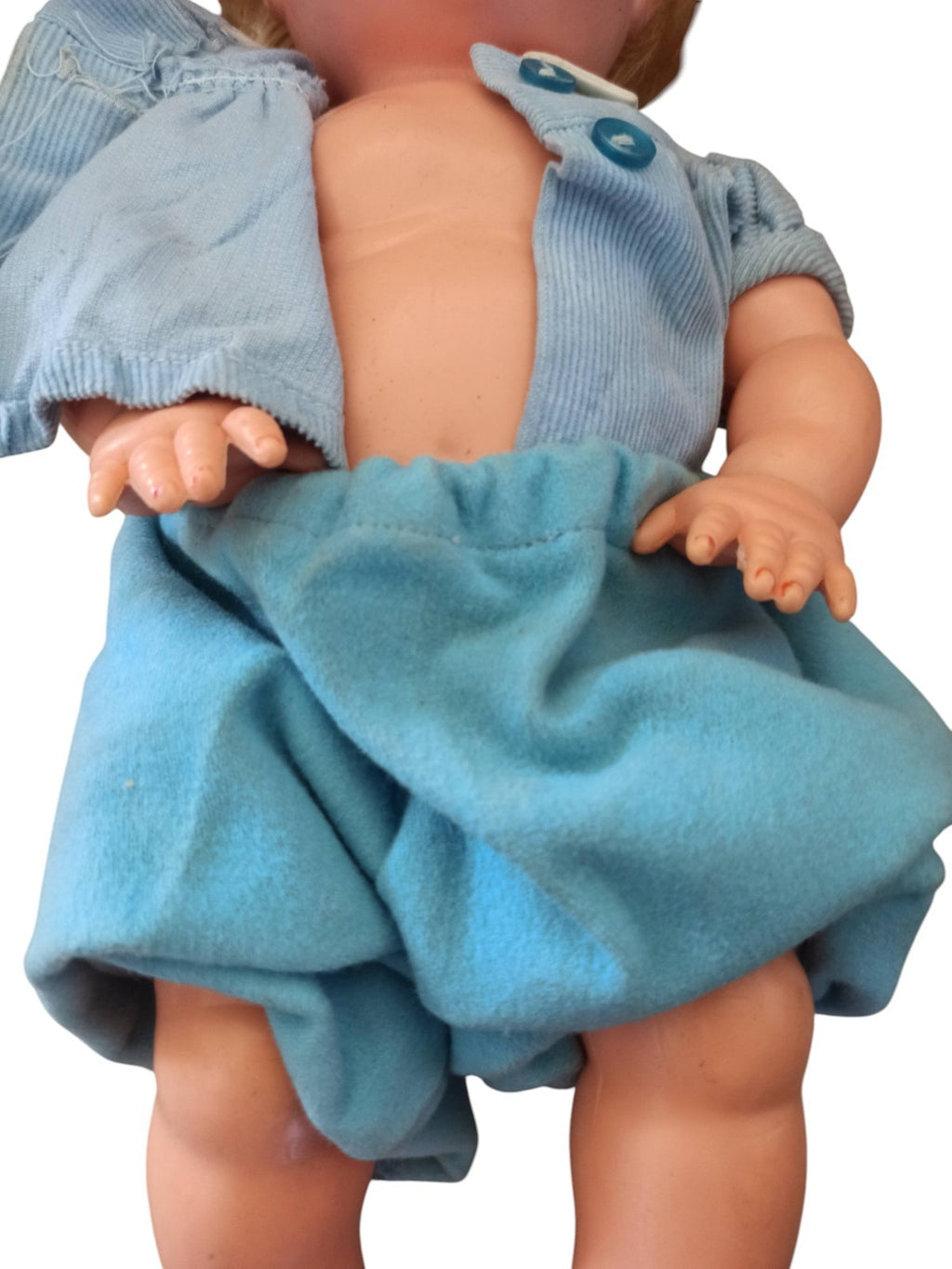 Poupée vintage plastique années 60 yeux dormeurs vêtement bleu rétro
