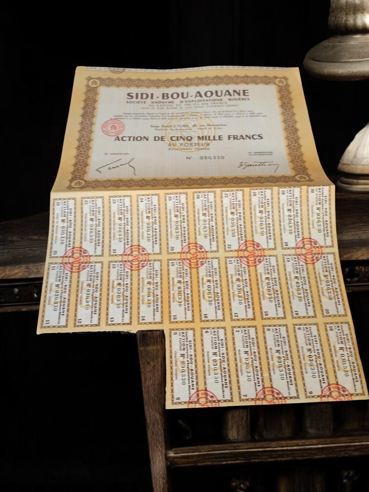 Action SIDI BOU AOUANE 5000 francs années 1920 ancien titre financier vintage