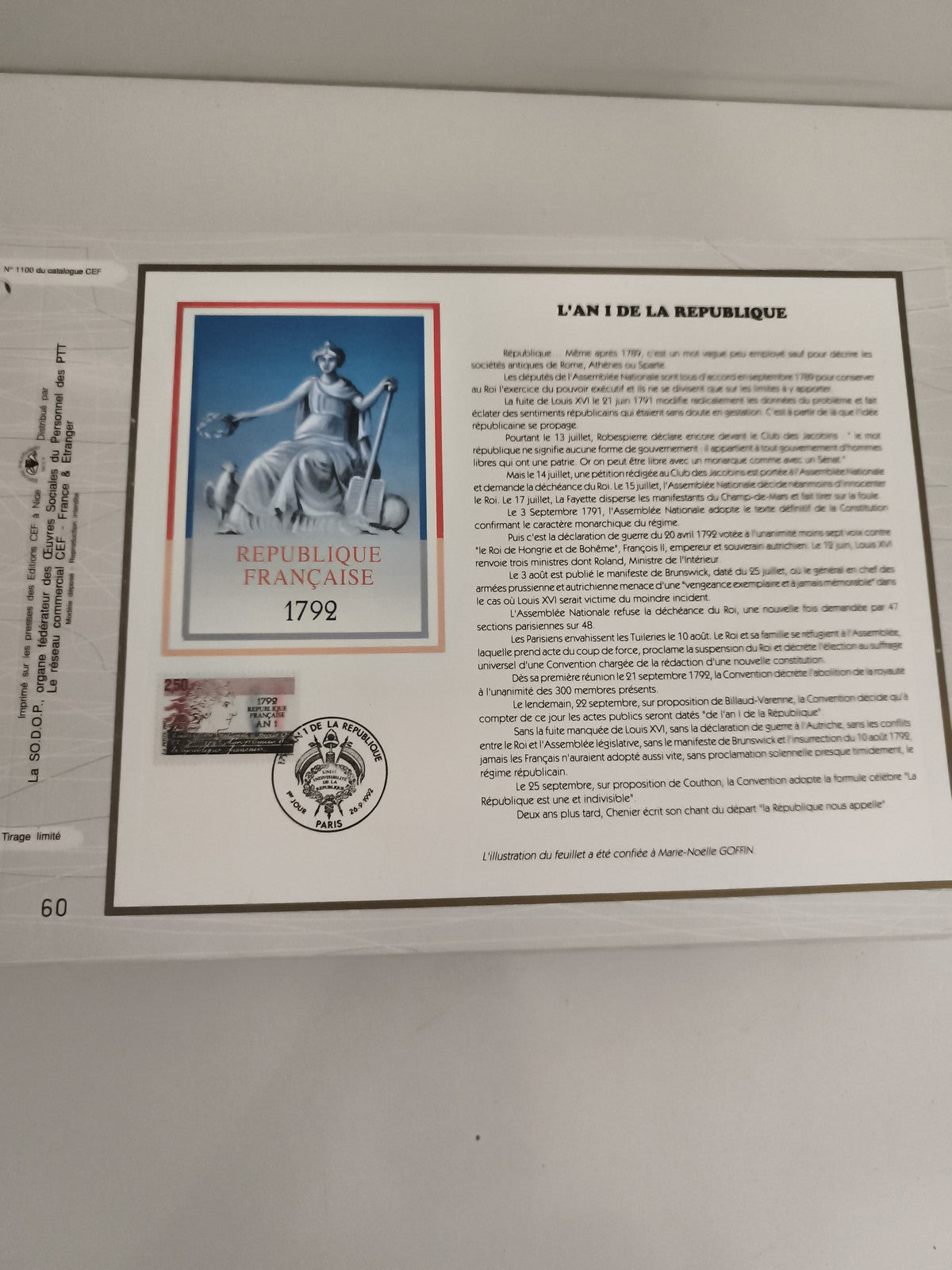 Feuillet philatélique CEF 1792 République Française L’An I de la République