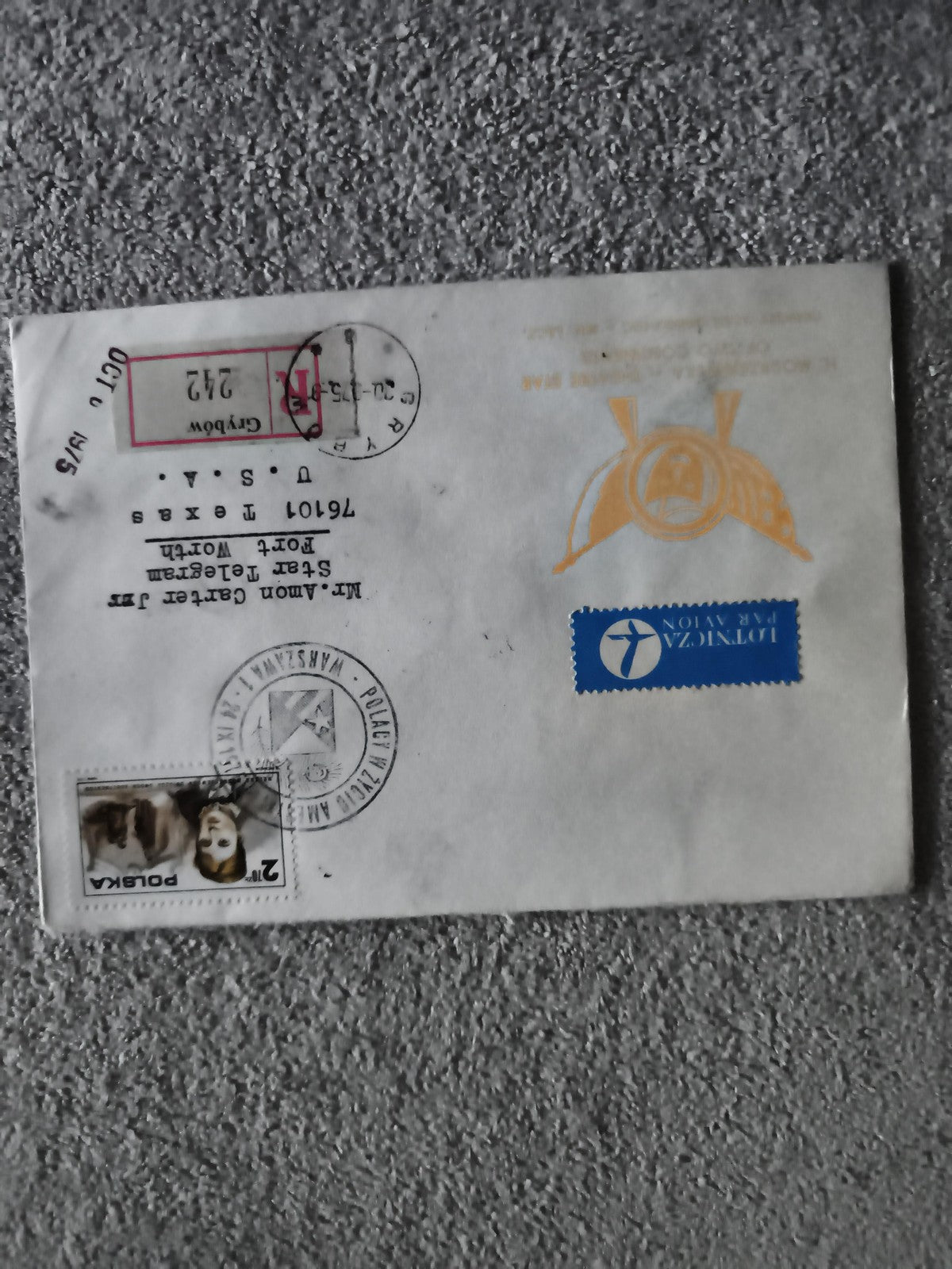Lettre affranchie Pologne 1975 timbre chien enveloppe oblitérée Air Mail philaté