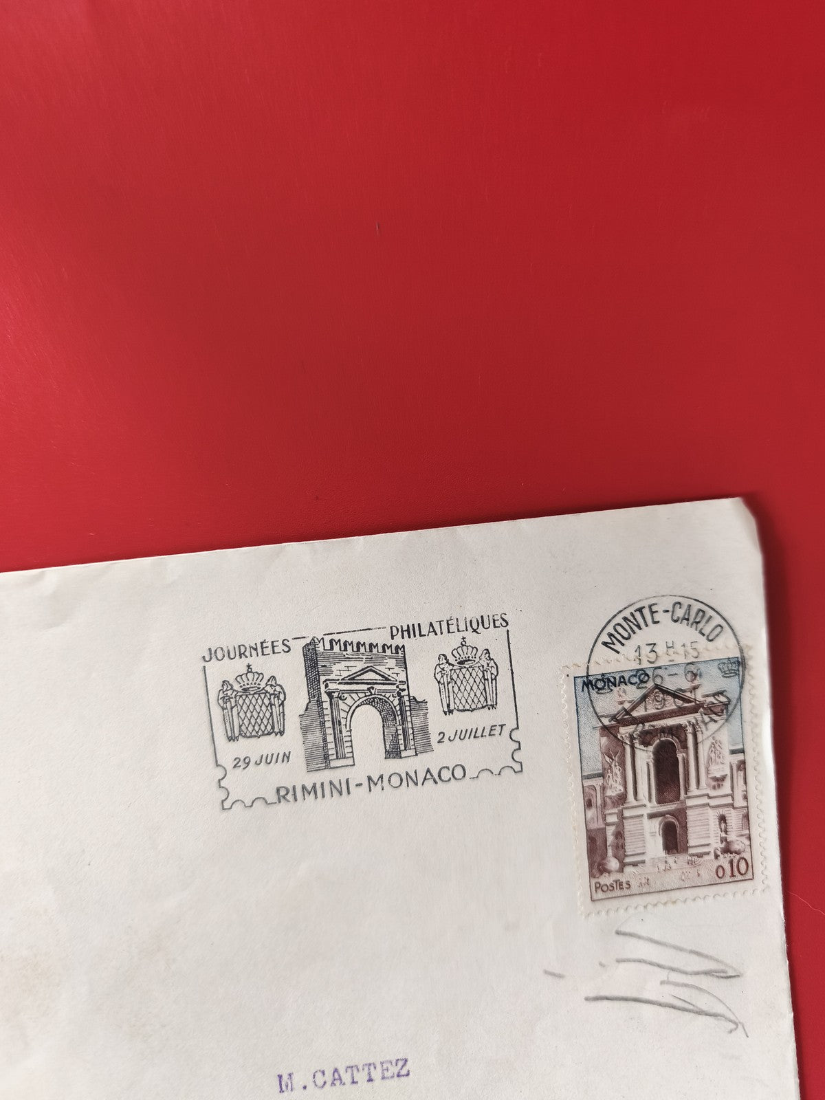 Enveloppe philatélie Monaco Rimini cachet illustré et timbre Monte-Carlo