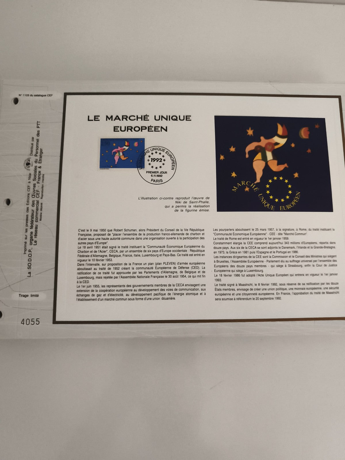 Feuillet CEF Le Marché Unique Européen 1992 Niki de Saint-Phalle philatélie