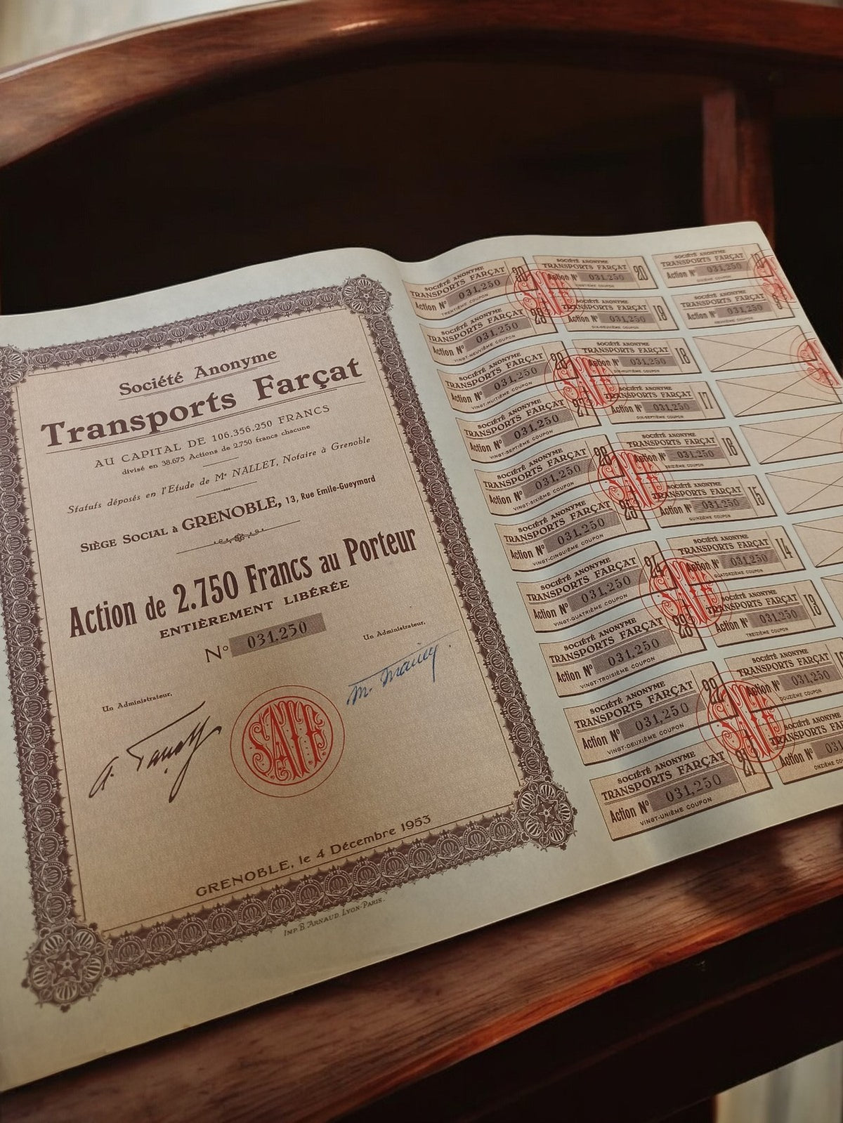 Action au porteur Transports Farçat 1953 Grenoble document ancien vintage