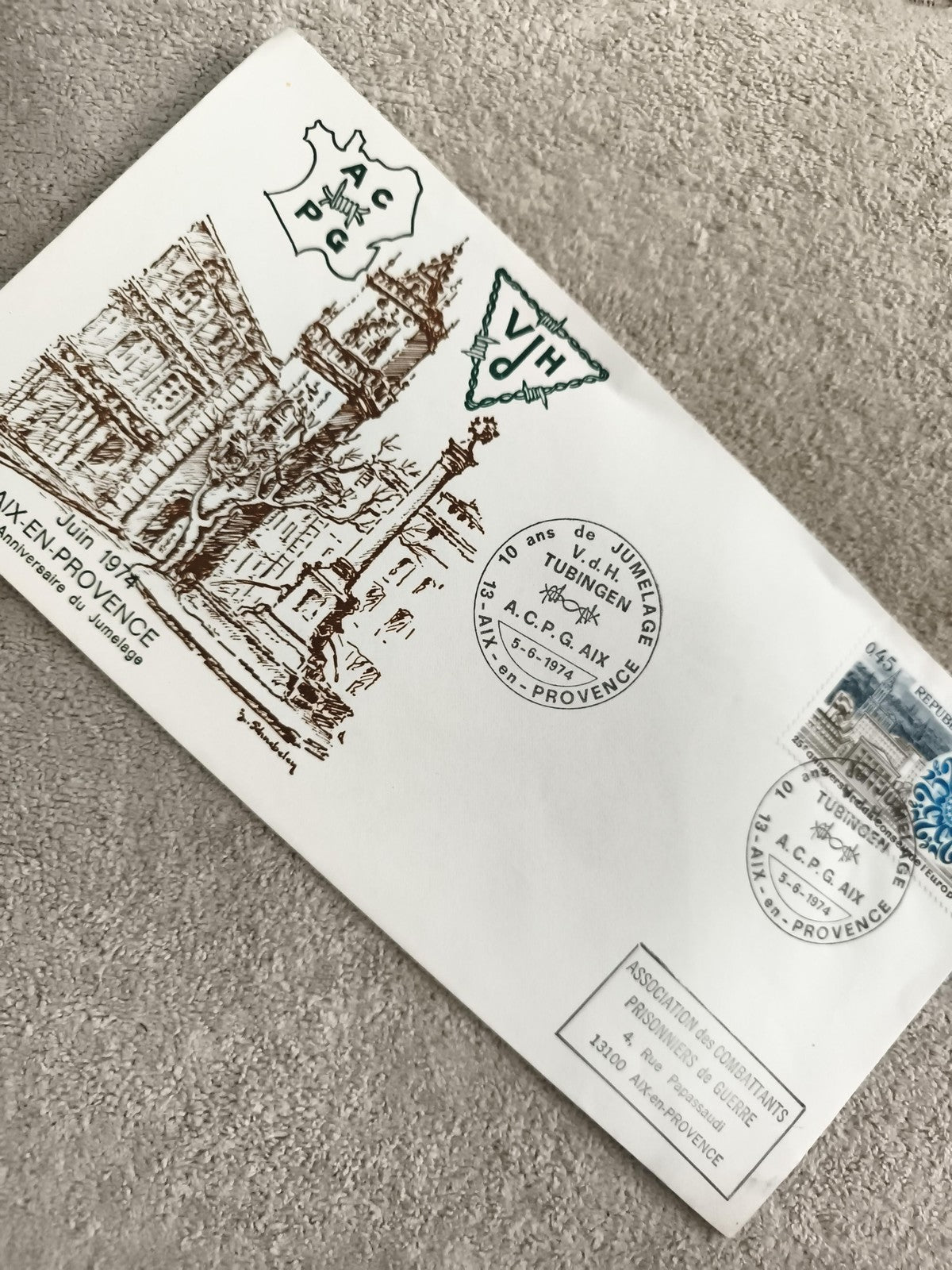 Lettre commémorative jumelage ACPG Aix-en-Provence Tübingen 1974 philatélie