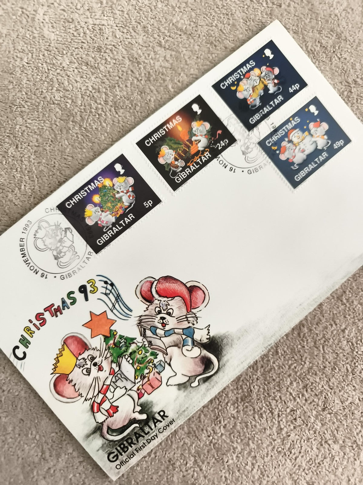 Lettre premier jour Noël 1993 Gibraltar timbres souris Christmas FDC philatélie