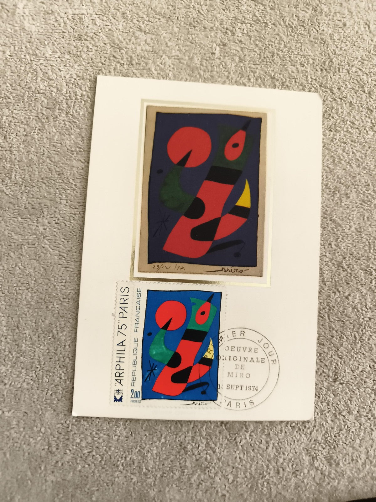 Carte premier jour ARPHILA 75 Paris timbre Miro 1974 abstraction couleurs