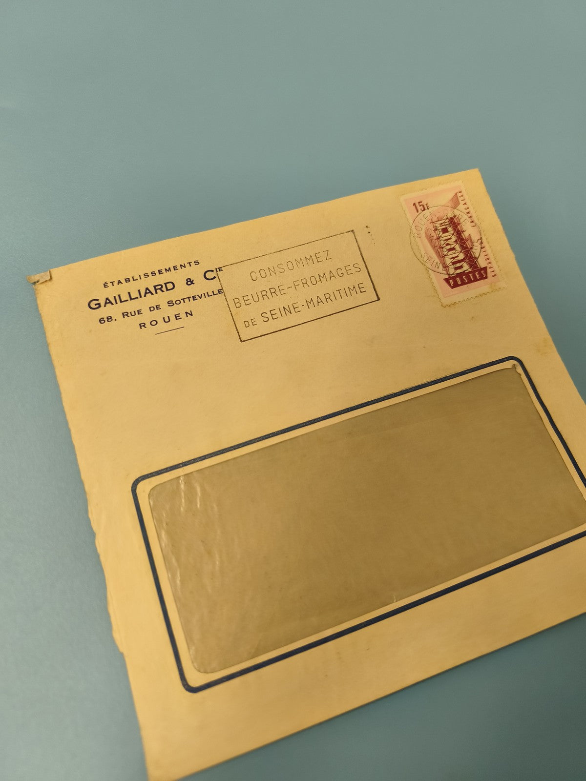 Ancienne enveloppe philatélie Gailliard Rouen timbre 15c fenêtre vintage