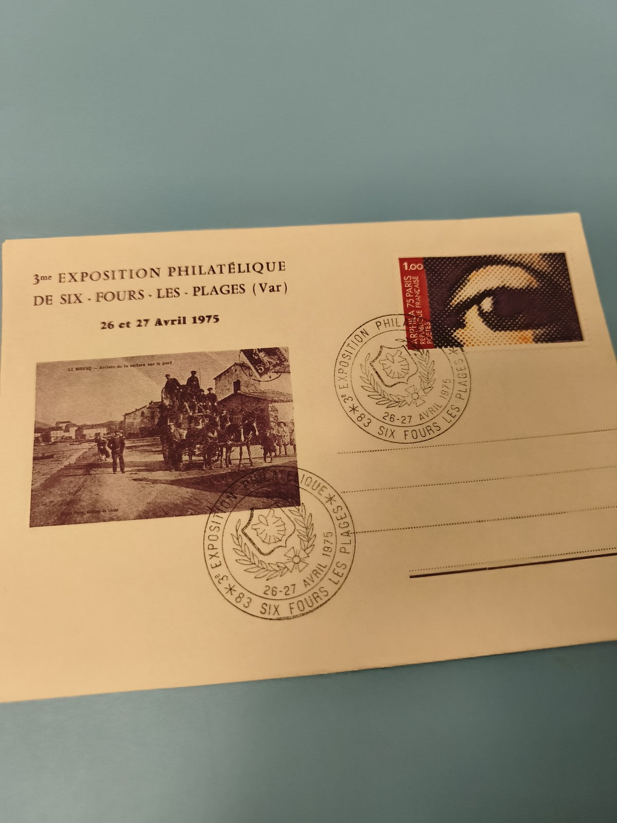 Ancienne enveloppe philatélie expo Six-Fours 1975 cachet timbre ?il rare