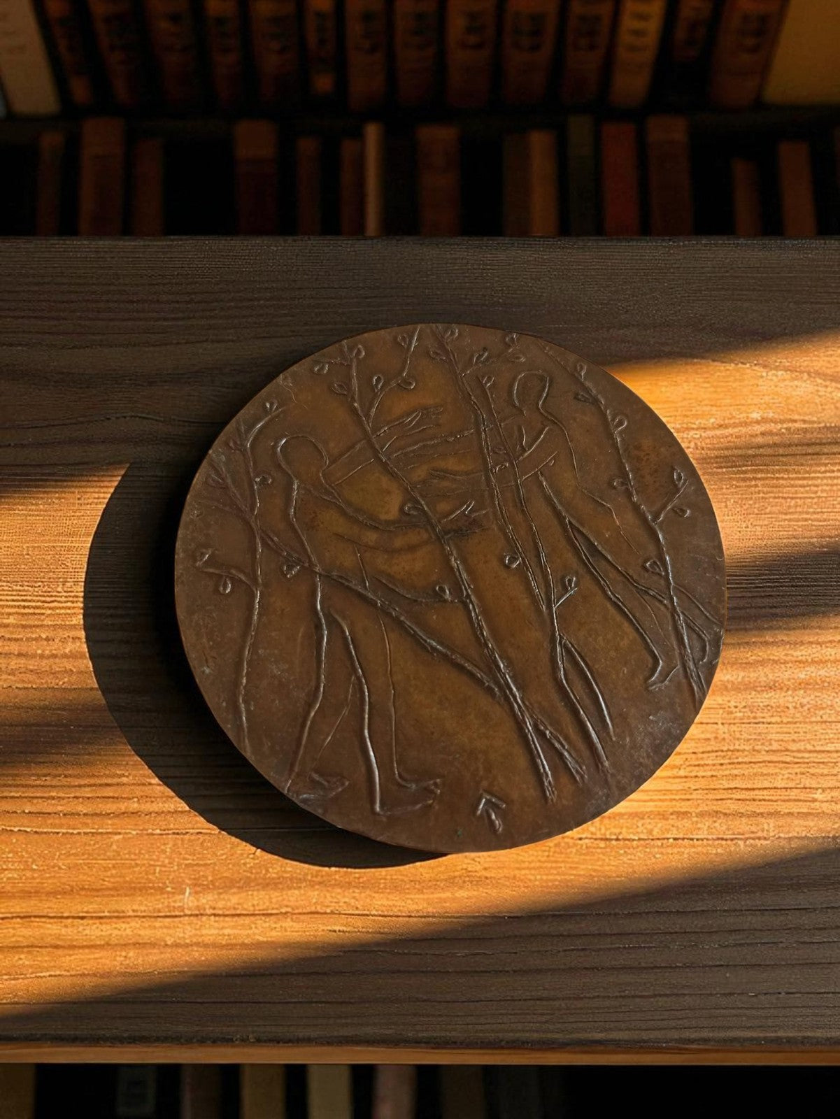 Vintage French bronze medal, ancient figurative art, decorative relief