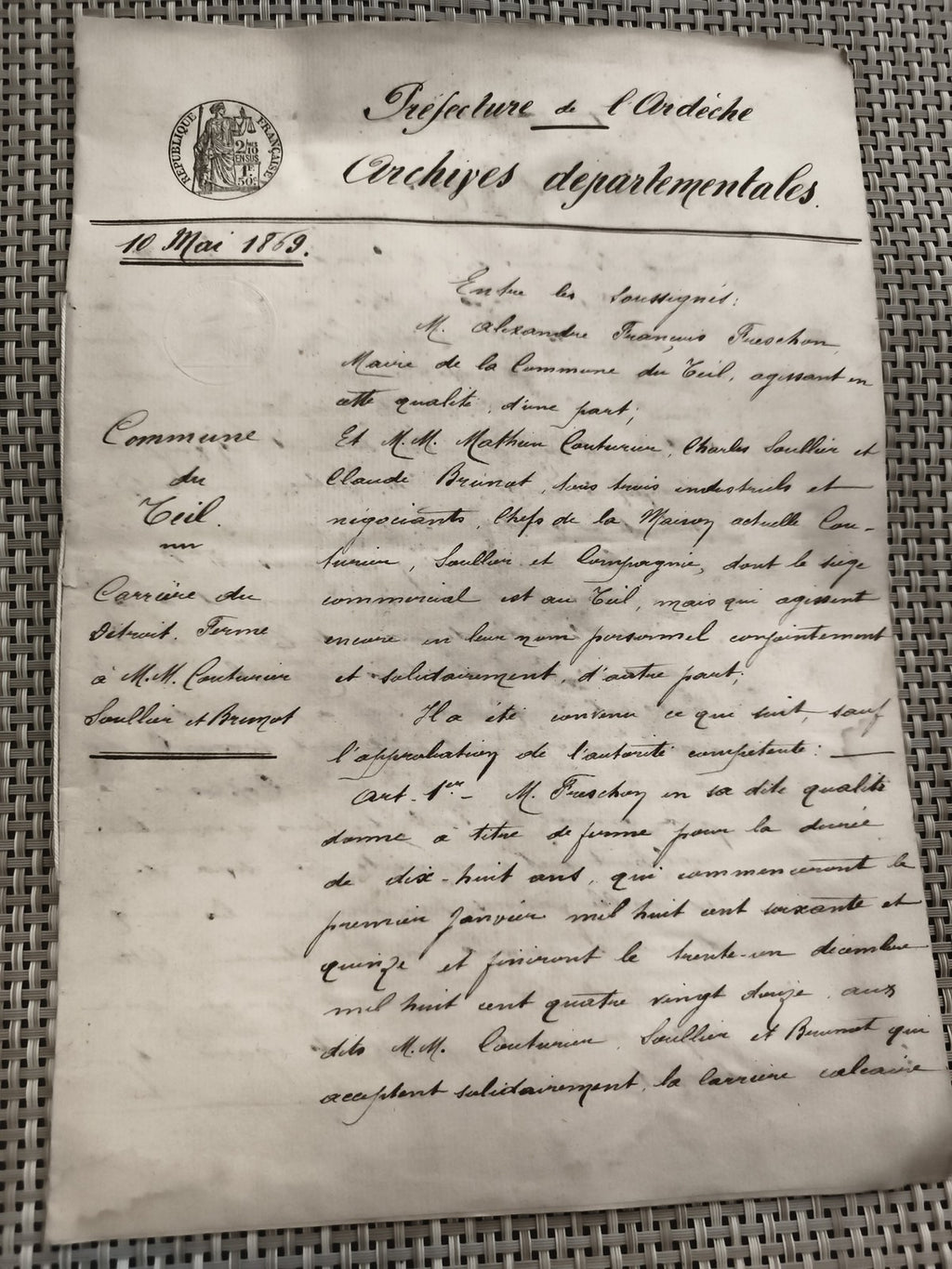 Ancien document manuscrit 1859 Préfecture Ardèche Archives départementales