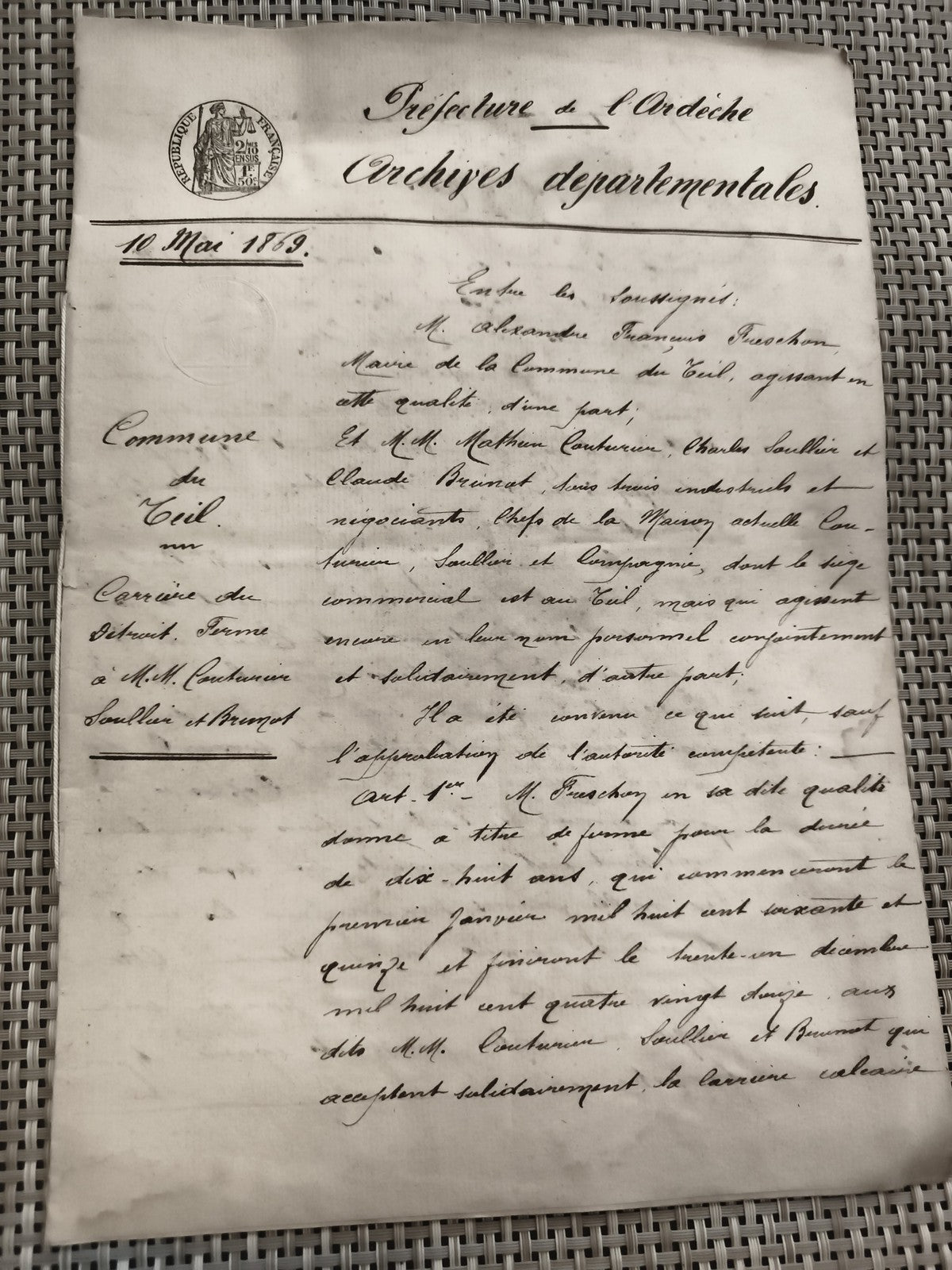 Ancien document manuscrit 1859 Préfecture Ardèche Archives départementales