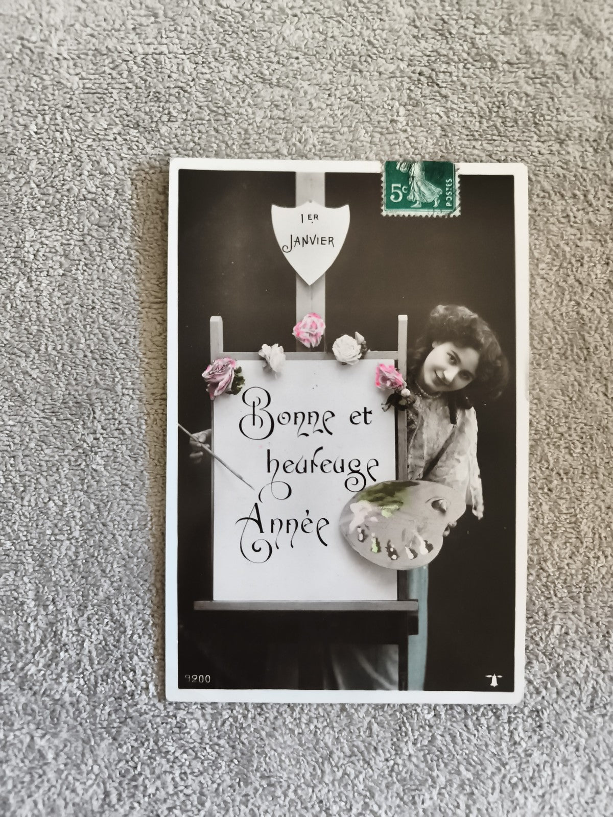Carte postale illustrée Bonne Année 1er Janvier CPA noir et blanc timbre 5c