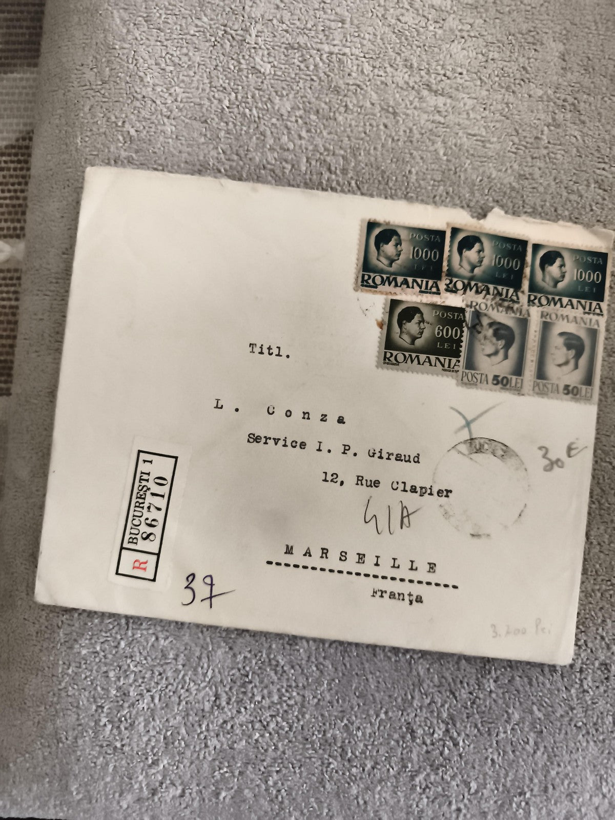 Lettre affranchie Roumanie timbres 1000 600 50 Lei Bucarest Marseille philatélie