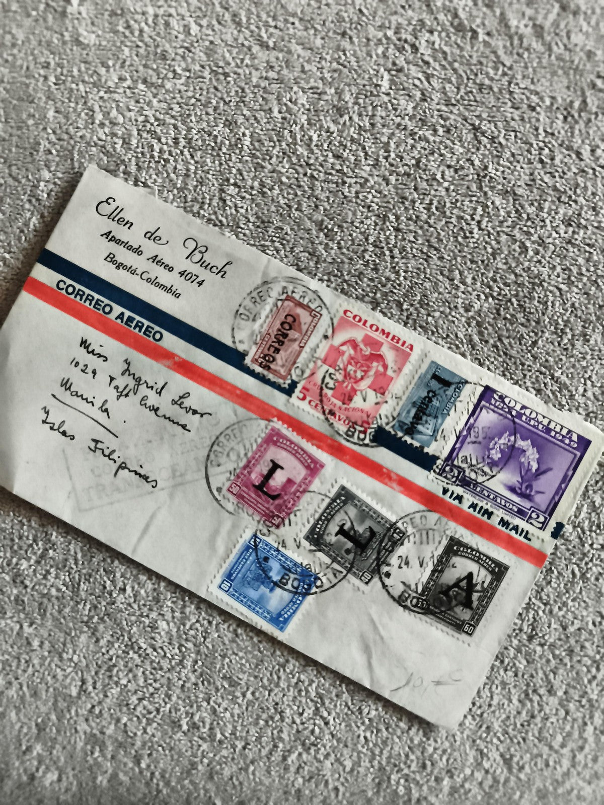 Lettre affranchie Colombie 6 timbres CORREO AEREO oblitérés philatélie
