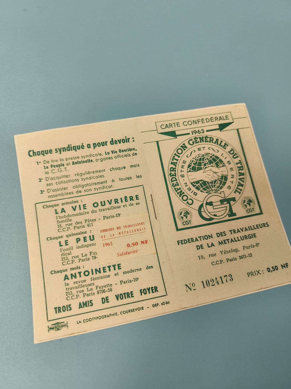 Carte syndicale ancienne CGT 1963 Fédération Métallurgie vintage document papier