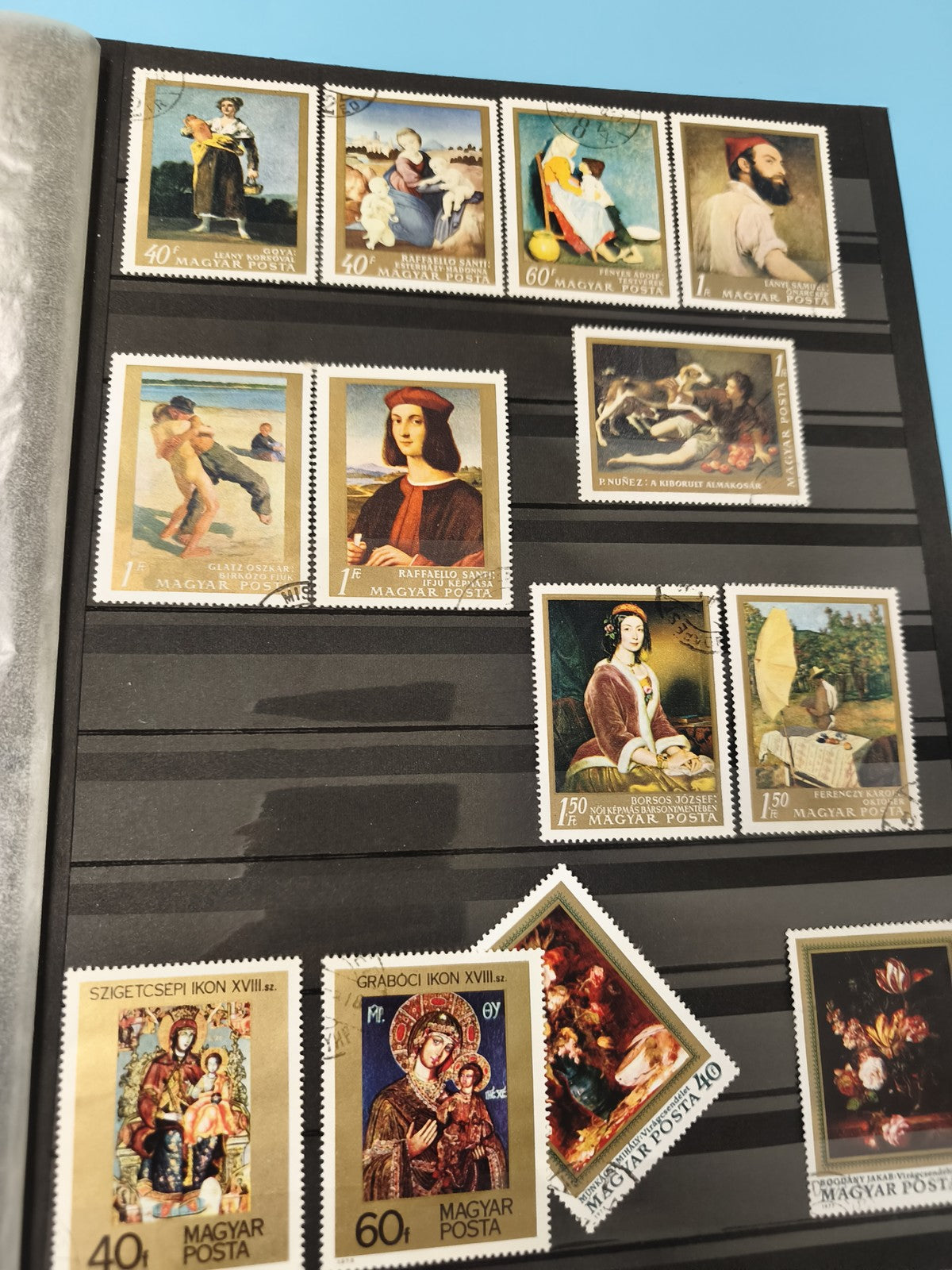 Lot anciens timbres oblitérés Magyar Posta art religieux peinture Hongrie vintag
