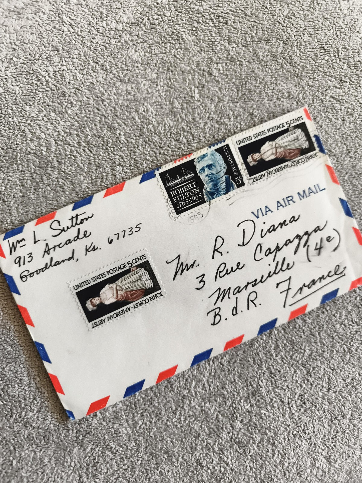 Lettre airmail USA 1965 timbres Robert Fulton John Copley oblitérés philatélie