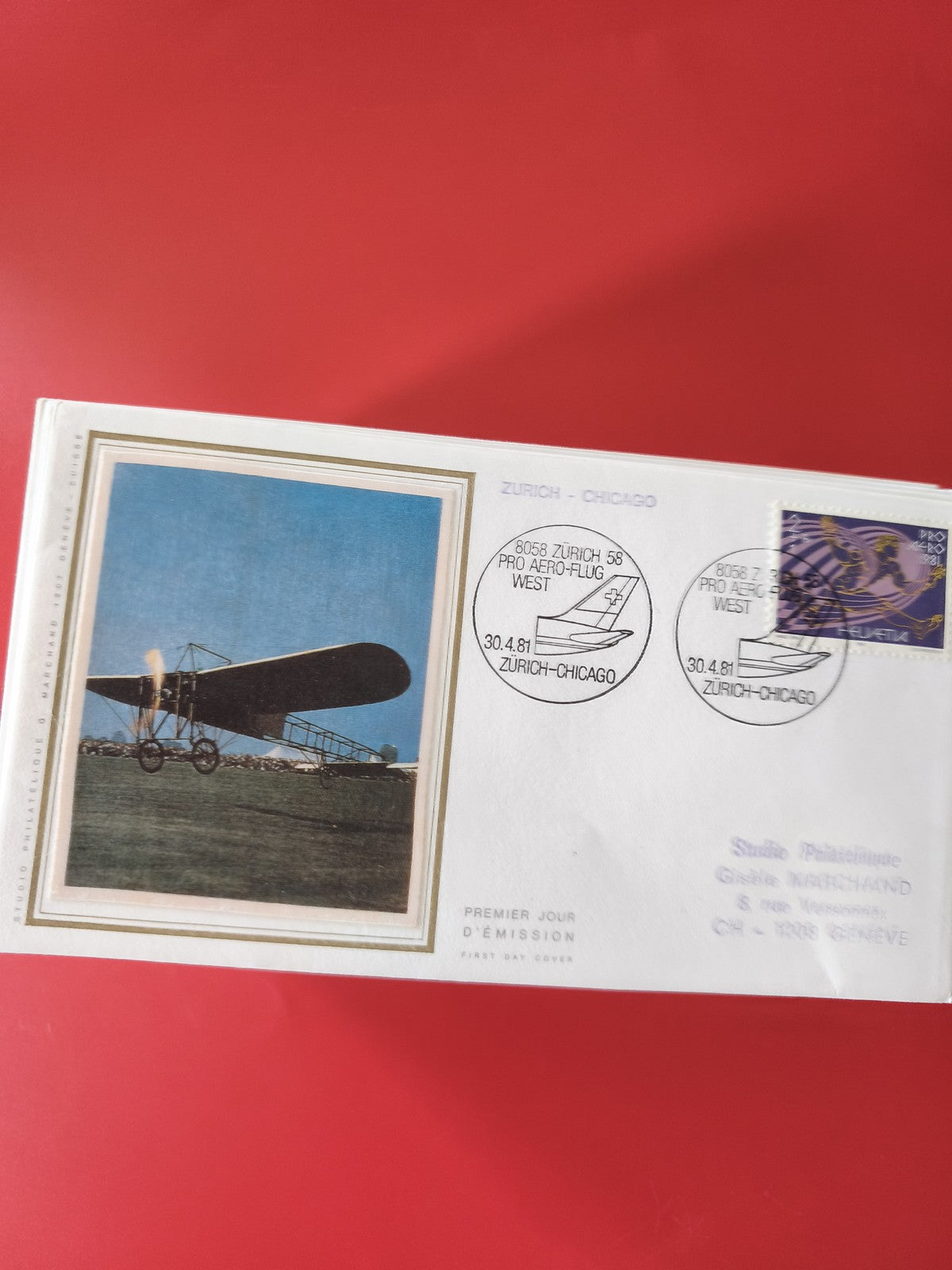 Enveloppe philatélie Zurich-Chicago avion, premier jour d?émission, 1981