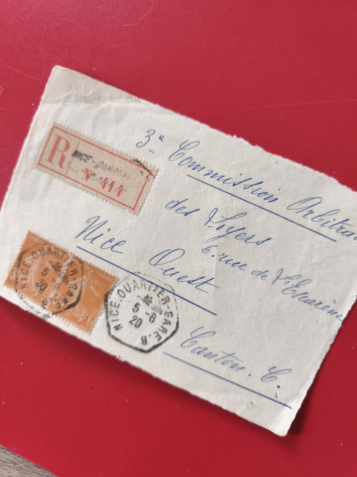 Carte postale philatélie oblitérée, cachets Nice, timbres orange, recommandée