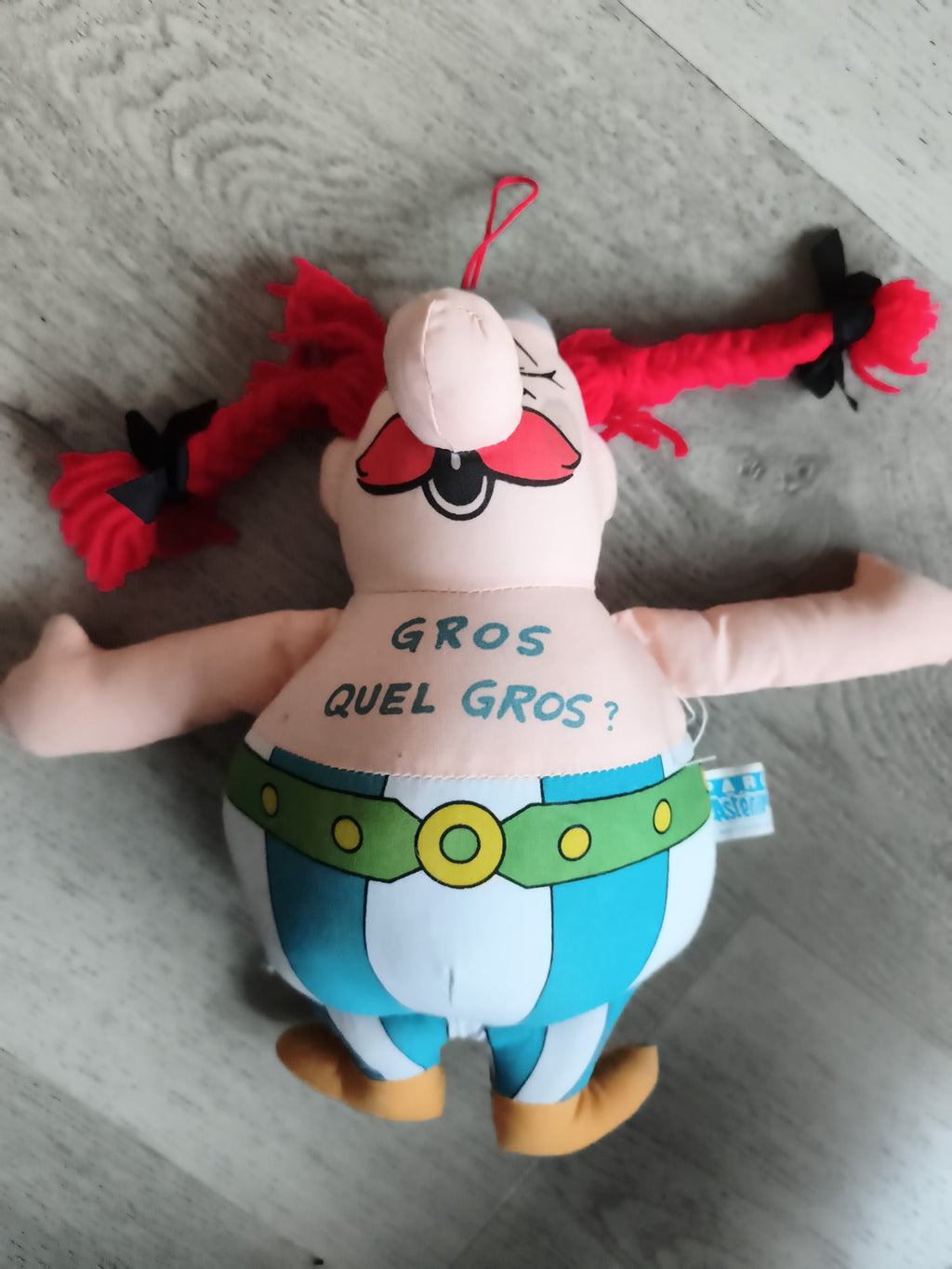 Peluche Obélix vintage Parc Astérix costume rayé inscription "Gros quel gros"