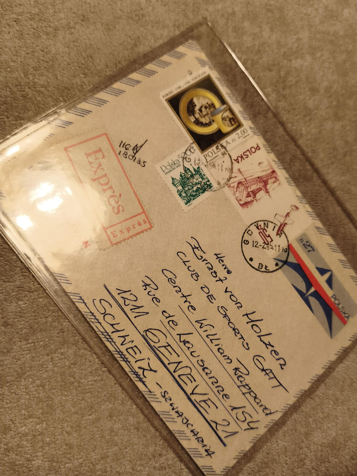 Lettre exprès affranchie timbres Pologne Express cachet Genève philatélie (Ref 2