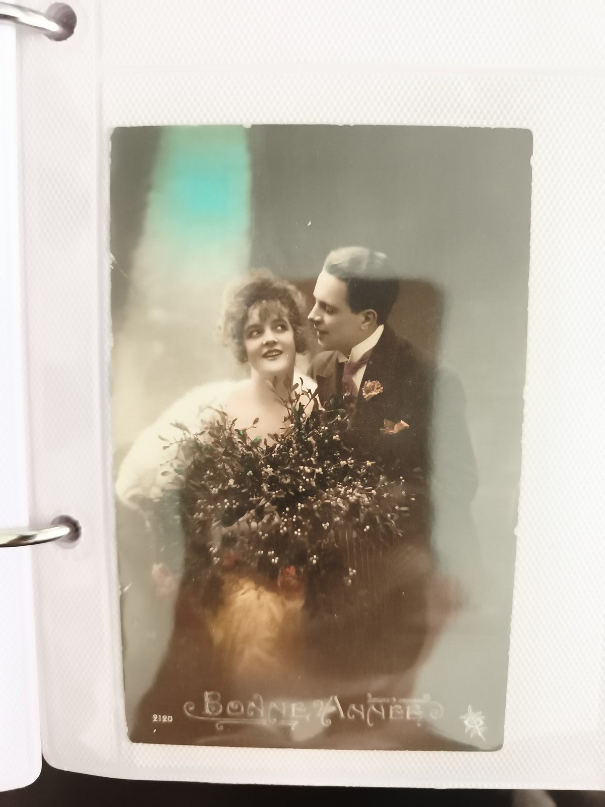 Carte postale ancienne Bonne Année photo colorisée couple rétro début XXe CPA