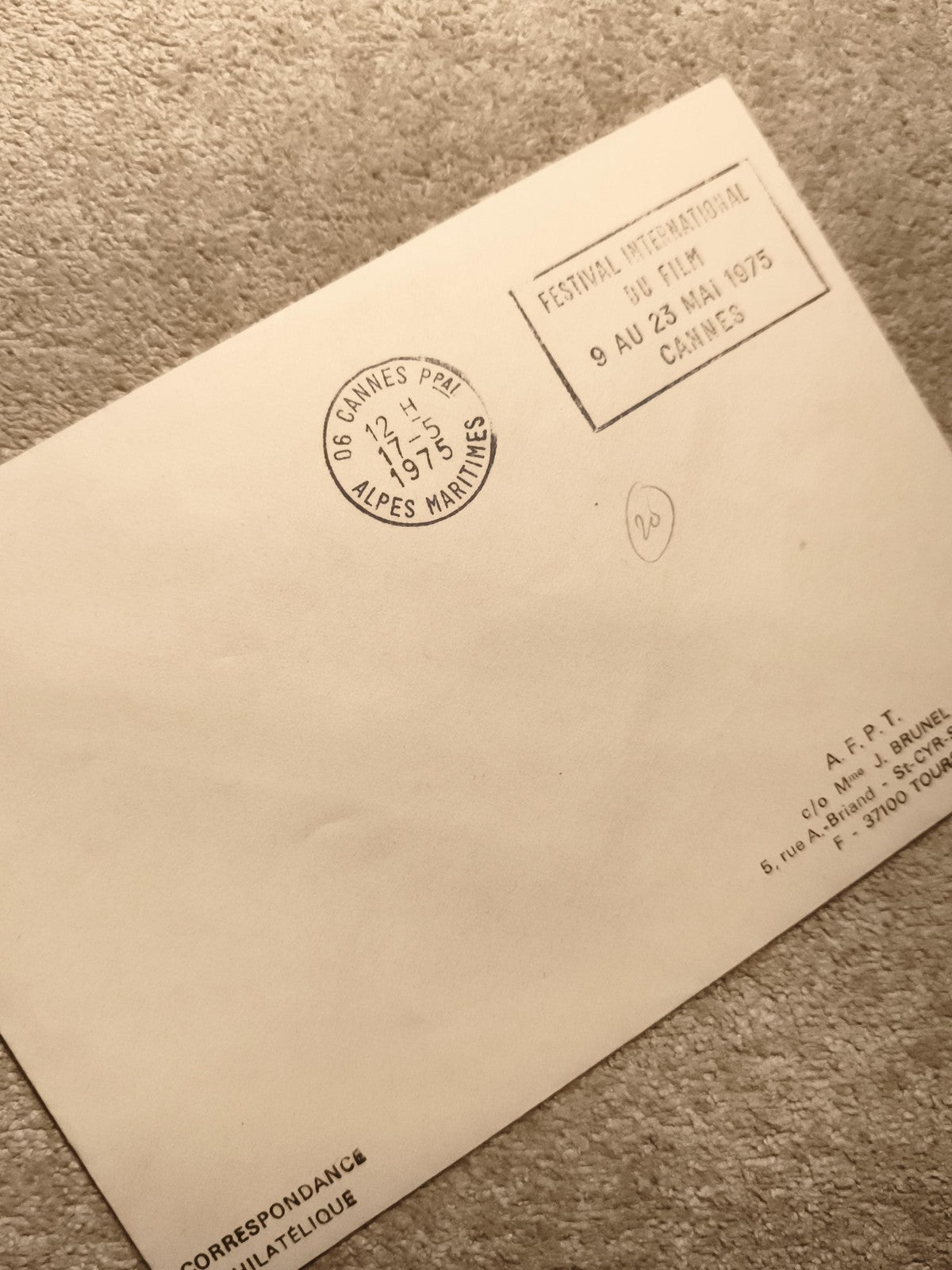 Lettre philatélique Festival de Cannes 1975 cachet Alpes-Maritimes philately (Re