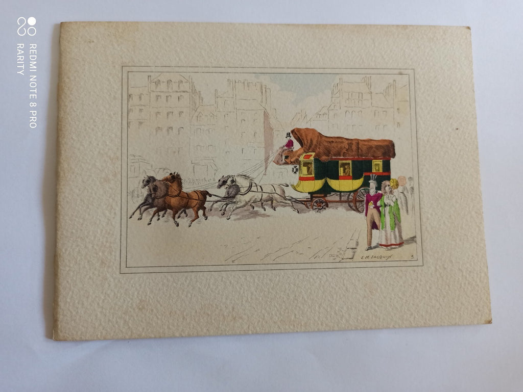 Gravure ancienne diligence J.M. Jacquin, lithographie couleur vintage art