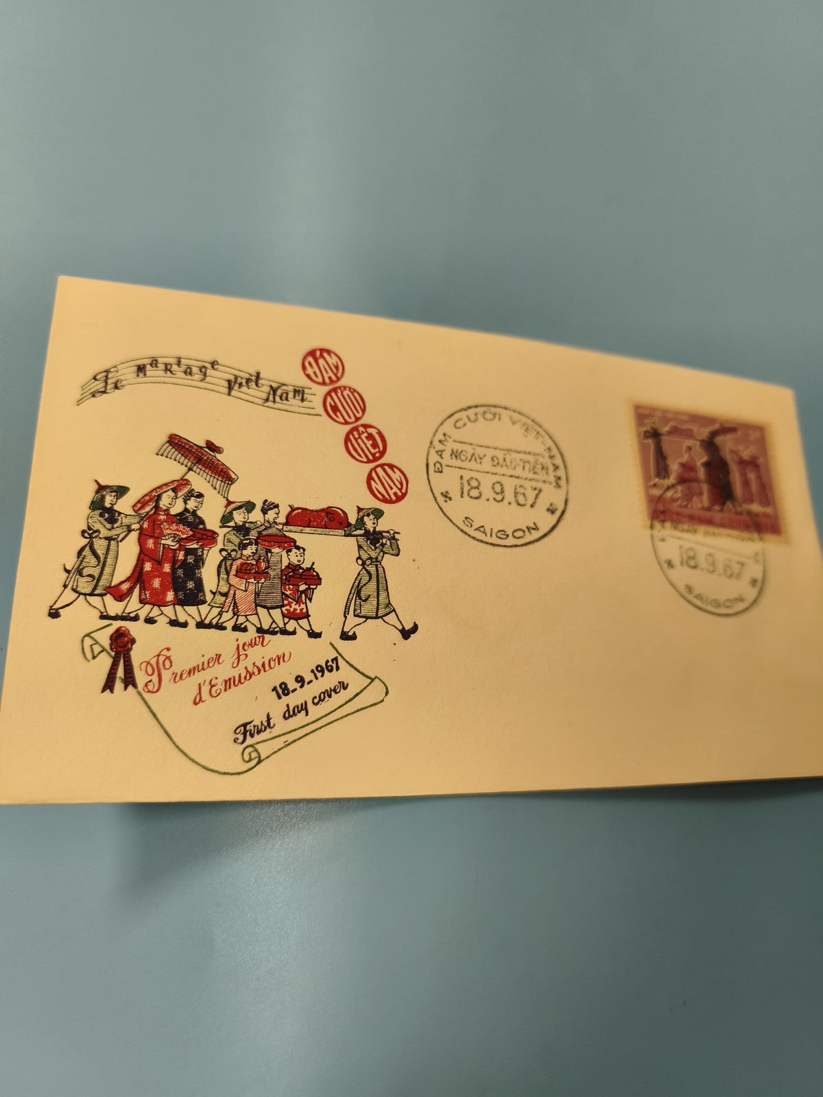 Ancienne enveloppe FDC Vietnam 1967 mariage illustrée timbre Saigon