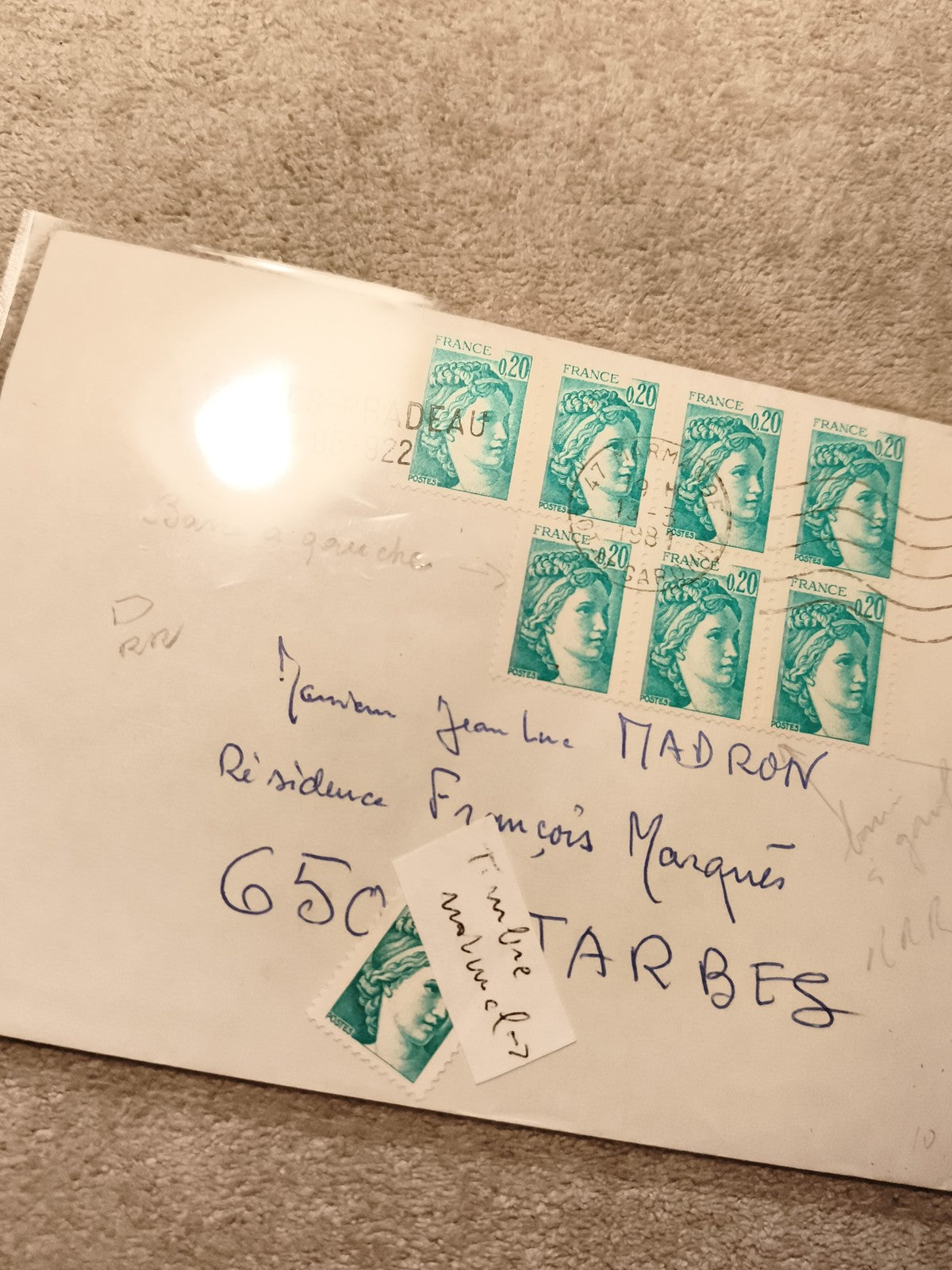 Lettre affranchie France Marianne 0,20 vert x8 + timbre détaché philatélie