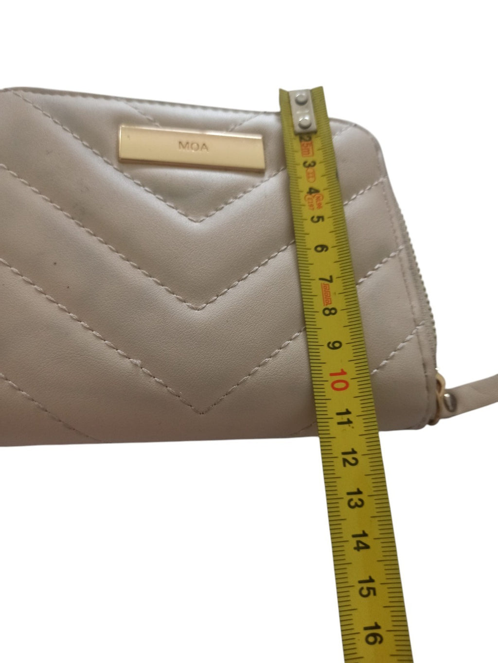 Portefeuille vintage MOA beige matelassé rétro, plaque dorée, accessoire ancien