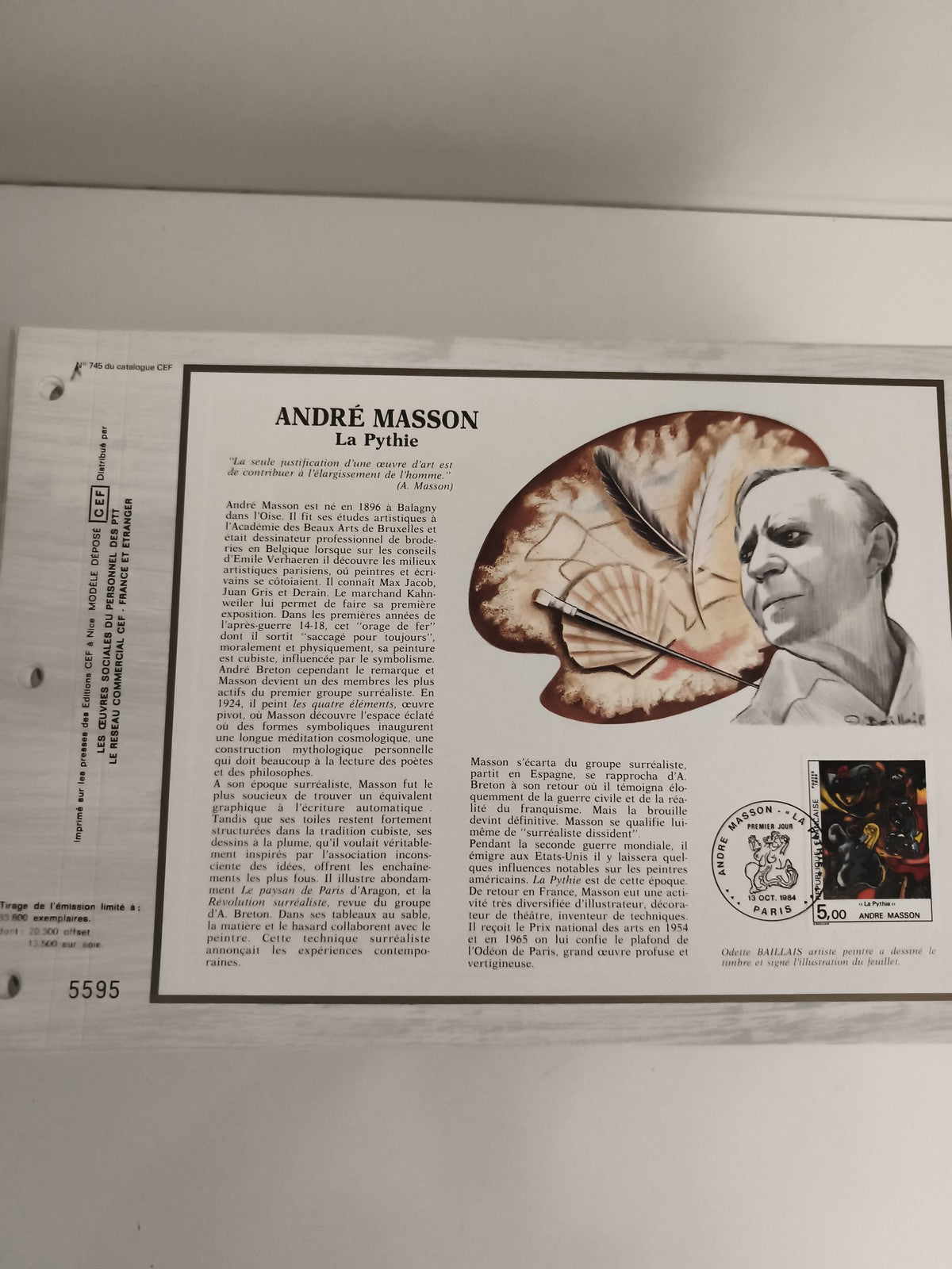 Feuillet CEF André Masson La Pythie timbre illustré philatélie France