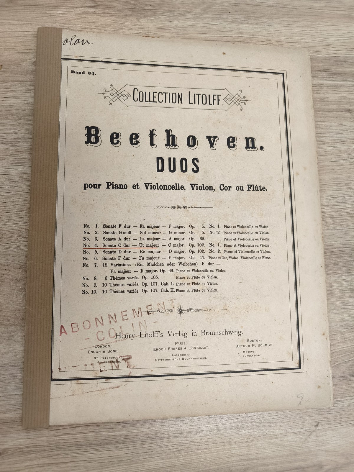 Ancien recueil partitions Beethoven duos piano violon Collection Litolff