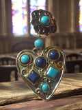 Boucle d’oreille vintage 1970 cœur doré cabochons bleu turquoise rétro