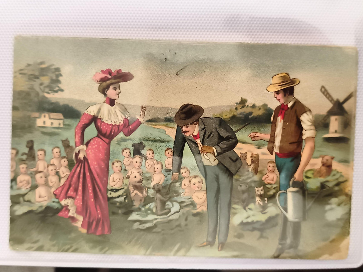 Carte postale ancienne illustrée, scène champêtre humour XIXe, CPA vintage