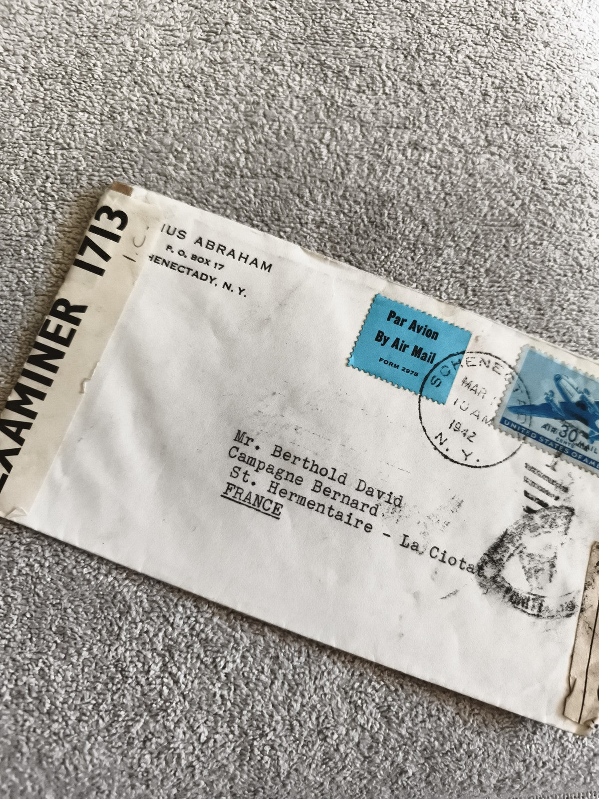 Lettre affranchie USA 1942, cachet Schenectady, Air Mail, étiquette Par Avion, p