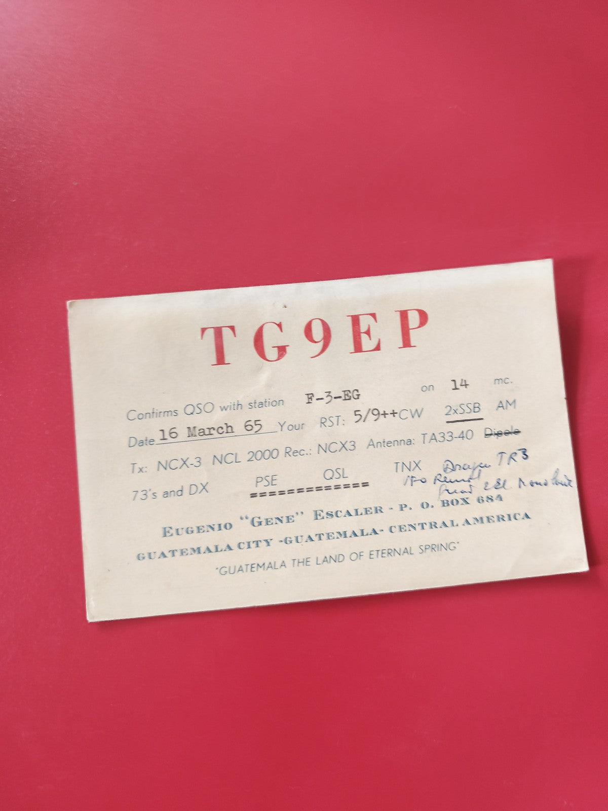 Carte radio QSL TG9EP Guatemala confirmation QSO F-3-EG 14mc d?occasion