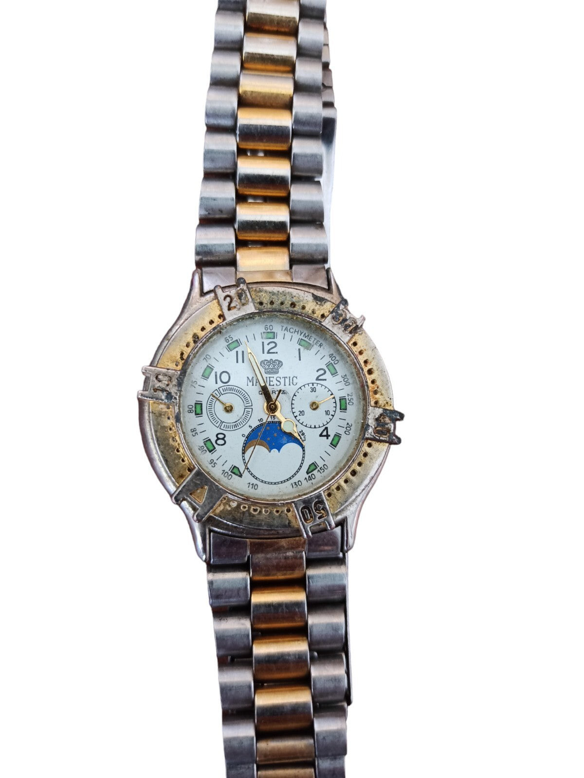 Montre Majestic Quartz vintage bicolore, cadran multi-compteurs, style classique