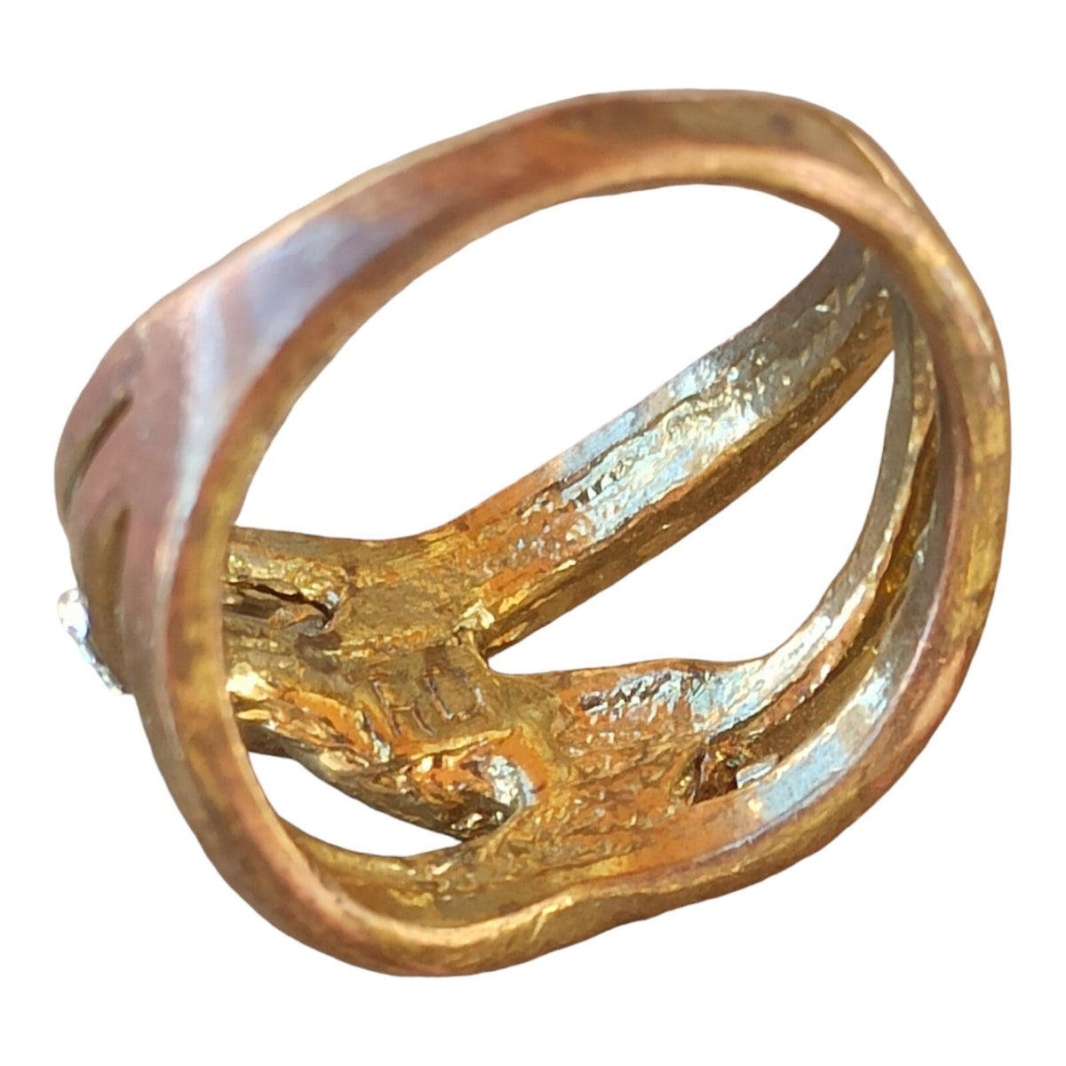 Gold-tone rhinestone costume ring, size 54, wide textured band