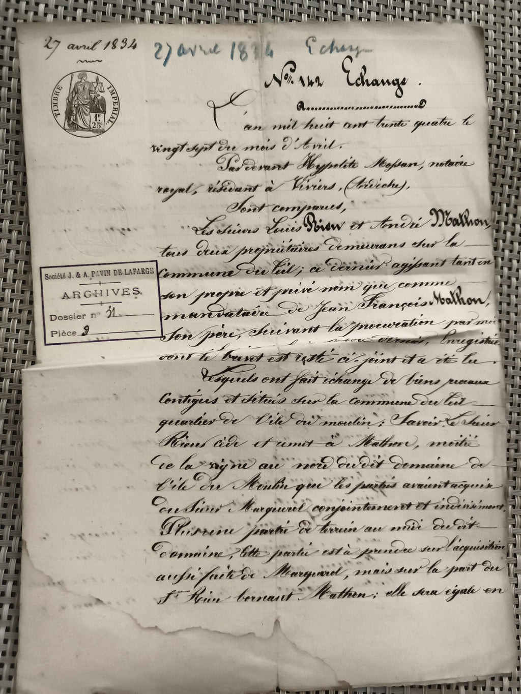 Document manuscrit ancien 1834 notaire échange terres Viriers Allier cachet