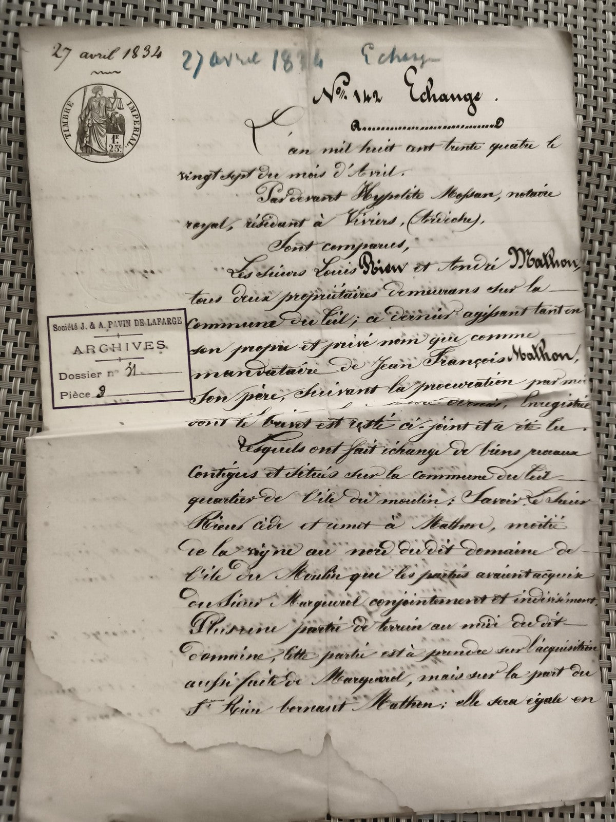 Document manuscrit ancien 1834 notaire échange terres Viriers Allier cachet